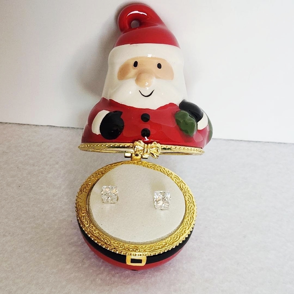 CZ Stud Earrings In Collectible Santa Keepsake Box